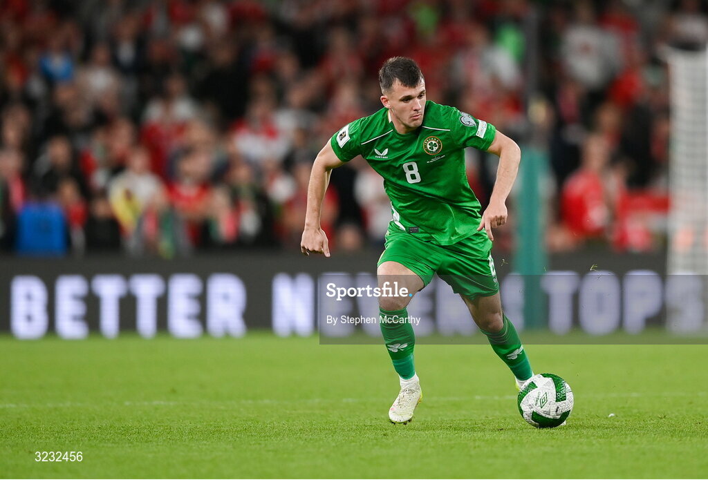 6 September 2025; Jason Knight of Republic of Ireland during the FIFA World Cup 2026 Group F qualifying match between Republic of Ireland and Hungary at the Aviva Stadium in Dublin. Photo by Stephen McCarthy/Sportsfile