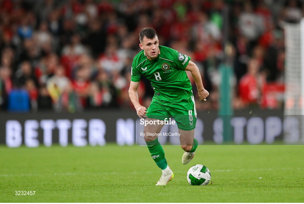 6 September 2025; Jason Knight of Republic of Ireland during the FIFA World Cup 2026 Group F qualifying match between Republic of Ireland and Hungary at the Aviva Stadium in Dublin. Photo by Stephen McCarthy/Sportsfile
