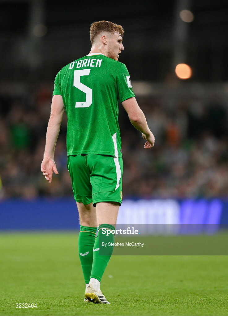 6 September 2025; Jake O'Brien of Republic of Ireland during the FIFA World Cup 2026 Group F qualifying match between Republic of Ireland and Hungary at the Aviva Stadium in Dublin. Photo by Stephen McCarthy/Sportsfile