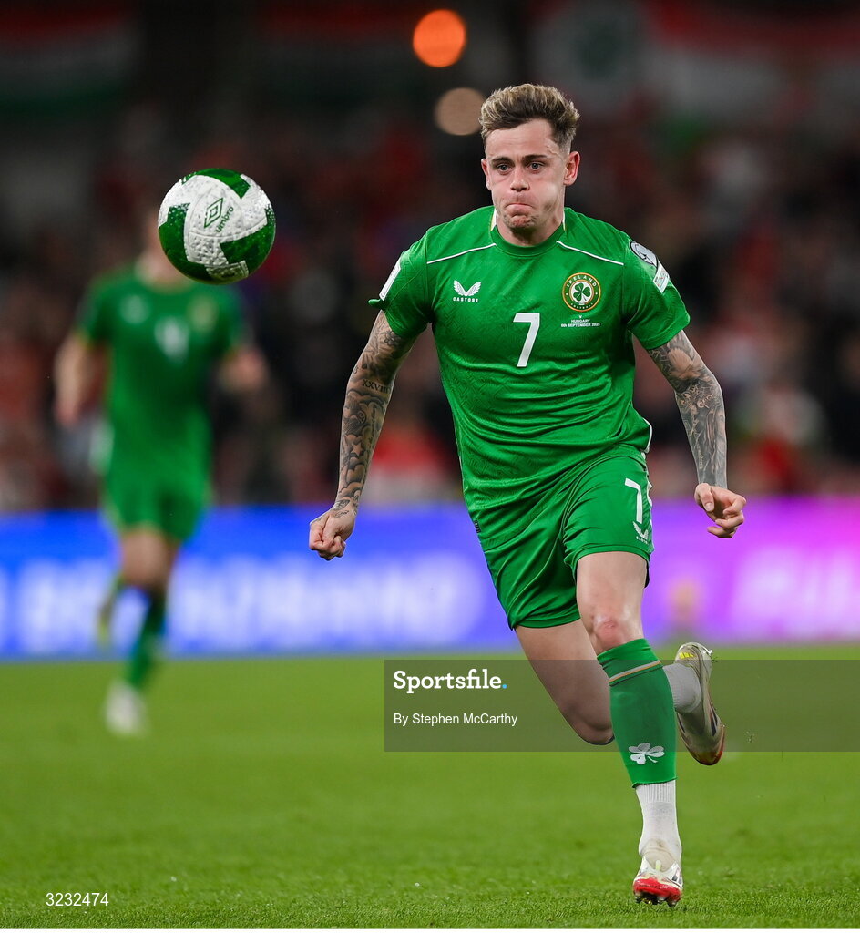6 September 2025; Sammie Szmodics of Republic of Ireland during the FIFA World Cup 2026 Group F qualifying match between Republic of Ireland and Hungary at the Aviva Stadium in Dublin. Photo by Stephen McCarthy/Sportsfile