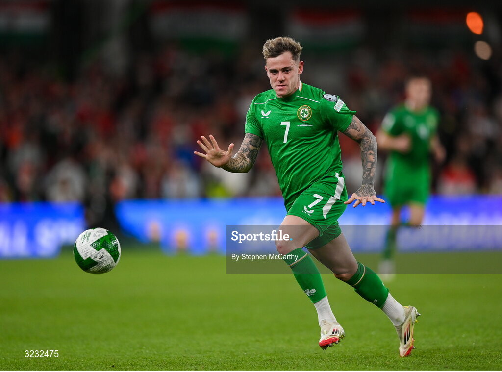 6 September 2025; Sammie Szmodics of Republic of Ireland during the FIFA World Cup 2026 Group F qualifying match between Republic of Ireland and Hungary at the Aviva Stadium in Dublin. Photo by Stephen McCarthy/Sportsfile