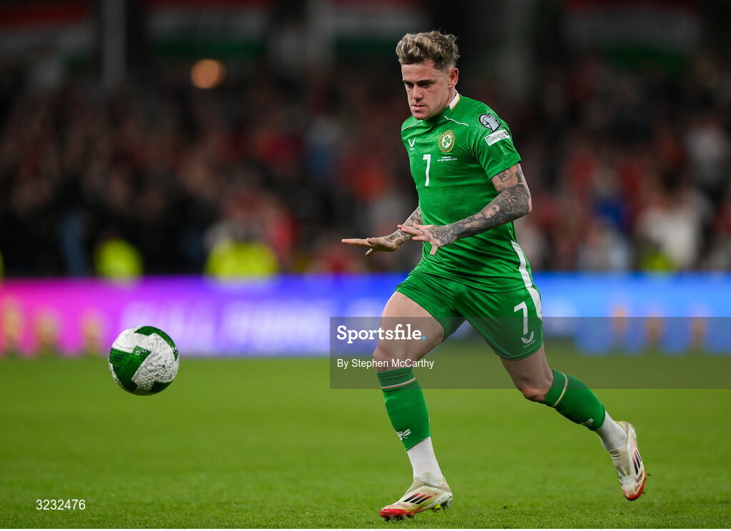 6 September 2025; Sammie Szmodics of Republic of Ireland during the FIFA World Cup 2026 Group F qualifying match between Republic of Ireland and Hungary at the Aviva Stadium in Dublin. Photo by Stephen McCarthy/Sportsfile