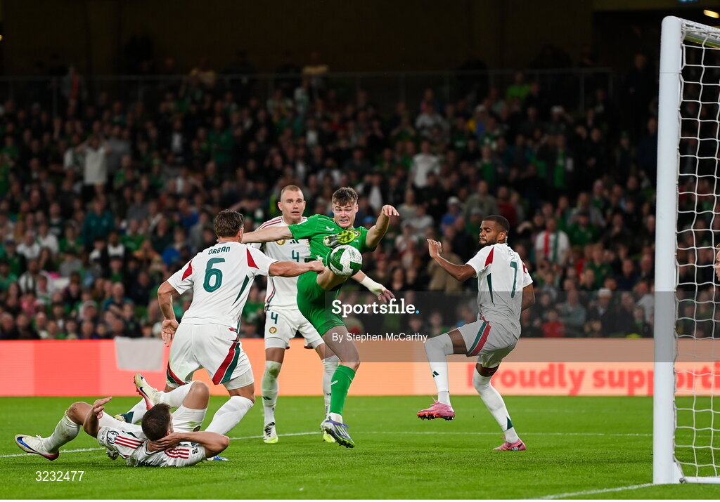 6 September 2025; Evan Ferguson of Republic of Ireland, 9, scores his side's first goal during the FIFA World Cup 2026 Group F qualifying match between Republic of Ireland and Hungary at the Aviva Stadium in Dublin.  Photo by Stephen McCarthy/Sportsfile