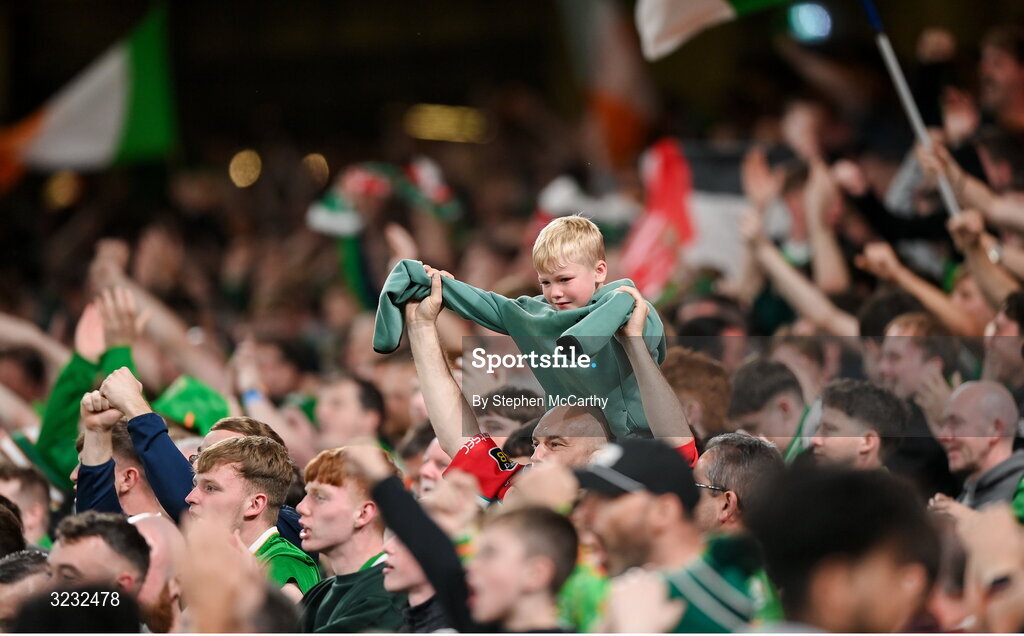 6 September 2025; Republic of Ireland supporters celebrate their opening goal during the FIFA World Cup 2026 Group F qualifying match between Republic of Ireland and Hungary at the Aviva Stadium in Dublin. Photo by Stephen McCarthy/Sportsfile