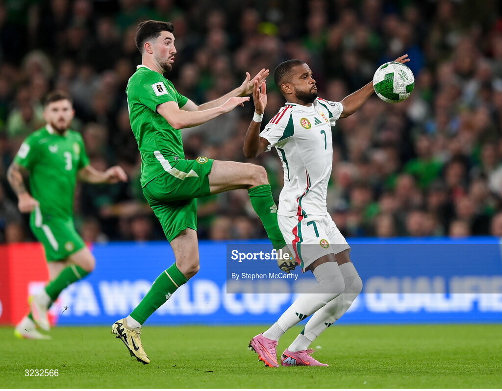 6 September 2025; Loic Nego of Hungary in action against Finn Azaz of Republic of Ireland during the FIFA World Cup 2026 Group F qualifying match between Republic of Ireland and Hungary at the Aviva Stadium in Dublin. Photo by Stephen McCarthy/Sportsfile