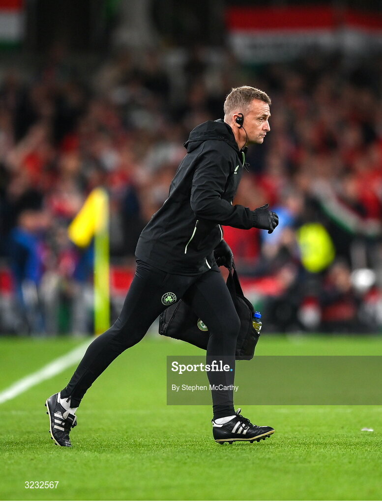 6 September 2025; Republic of Ireland lead physiotherapist Danny Miller during the FIFA World Cup 2026 Group F qualifying match between Republic of Ireland and Hungary at the Aviva Stadium in Dublin. Photo by Stephen McCarthy/Sportsfile