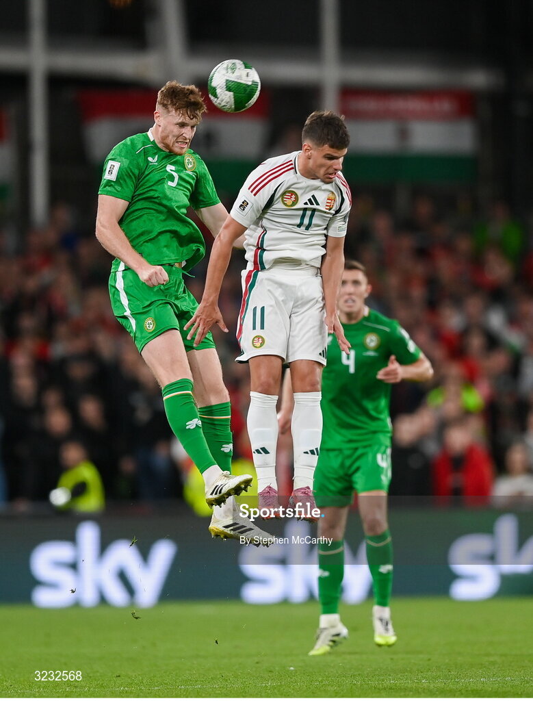 6 September 2025; Jake O'Brien of Republic of Ireland in action against Milos Kerkez of Hungary during the FIFA World Cup 2026 Group F qualifying match between Republic of Ireland and Hungary at the Aviva Stadium in Dublin. Photo by Stephen McCarthy/Sportsfile