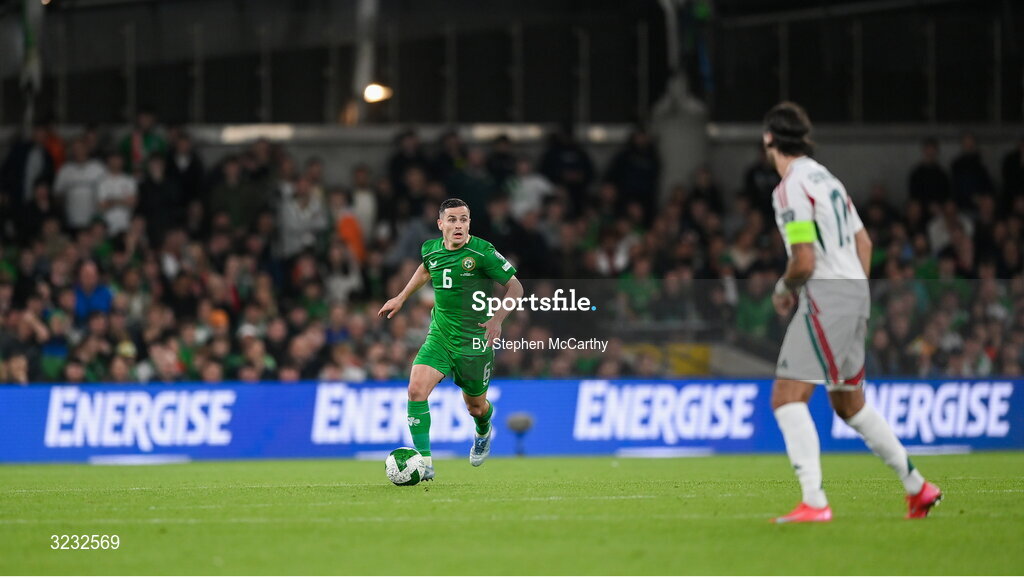 6 September 2025; Josh Cullen of Republic of Ireland during the FIFA World Cup 2026 Group F qualifying match between Republic of Ireland and Hungary at the Aviva Stadium in Dublin. Photo by Stephen McCarthy/Sportsfile