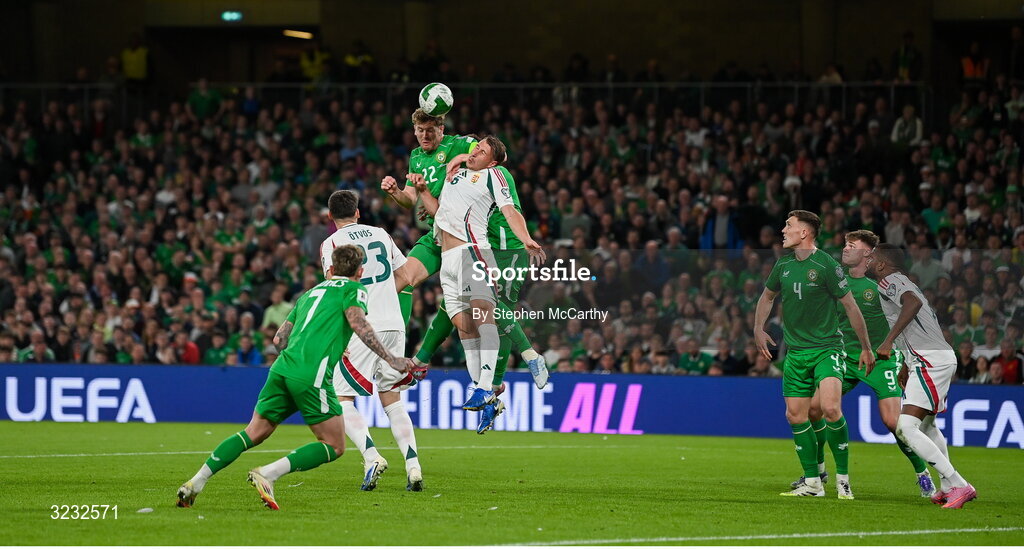 6 September 2025; Nathan Collins of Republic of Ireland in action against Willi Orbán of Hungary during the FIFA World Cup 2026 Group F qualifying match between Republic of Ireland and Hungary at the Aviva Stadium in Dublin. Photo by Stephen McCarthy/Sportsfile
