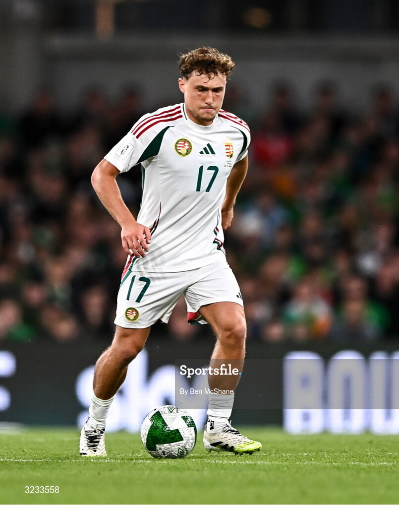 6 September 2025; Callum Styles of Hungary during the FIFA World Cup 2026 Group F qualifying match between Republic of Ireland and Hungary at the Aviva Stadium in Dublin. Photo by Ben McShane/Sportsfile
