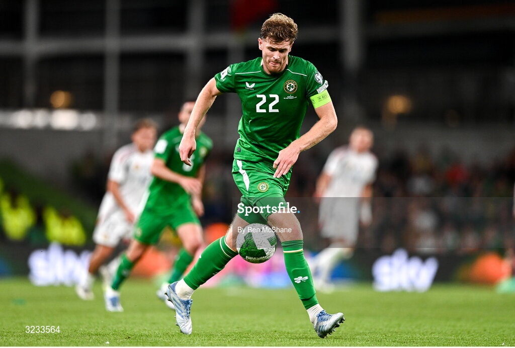 6 September 2025; Nathan Collins of Republic of Ireland during the FIFA World Cup 2026 Group F qualifying match between Republic of Ireland and Hungary at the Aviva Stadium in Dublin. Photo by Ben McShane/Sportsfile