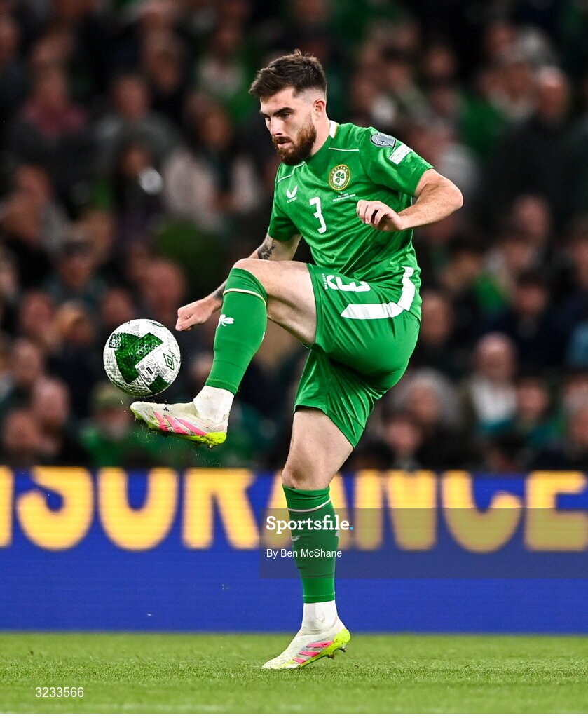 6 September 2025; Ryan Manning of Republic of Ireland during the FIFA World Cup 2026 Group F qualifying match between Republic of Ireland and Hungary at the Aviva Stadium in Dublin. Photo by Ben McShane/Sportsfile