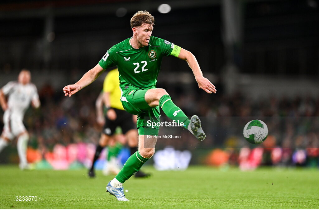6 September 2025; Nathan Collins of Republic of Ireland during the FIFA World Cup 2026 Group F qualifying match between Republic of Ireland and Hungary at the Aviva Stadium in Dublin. Photo by Ben McShane/Sportsfile