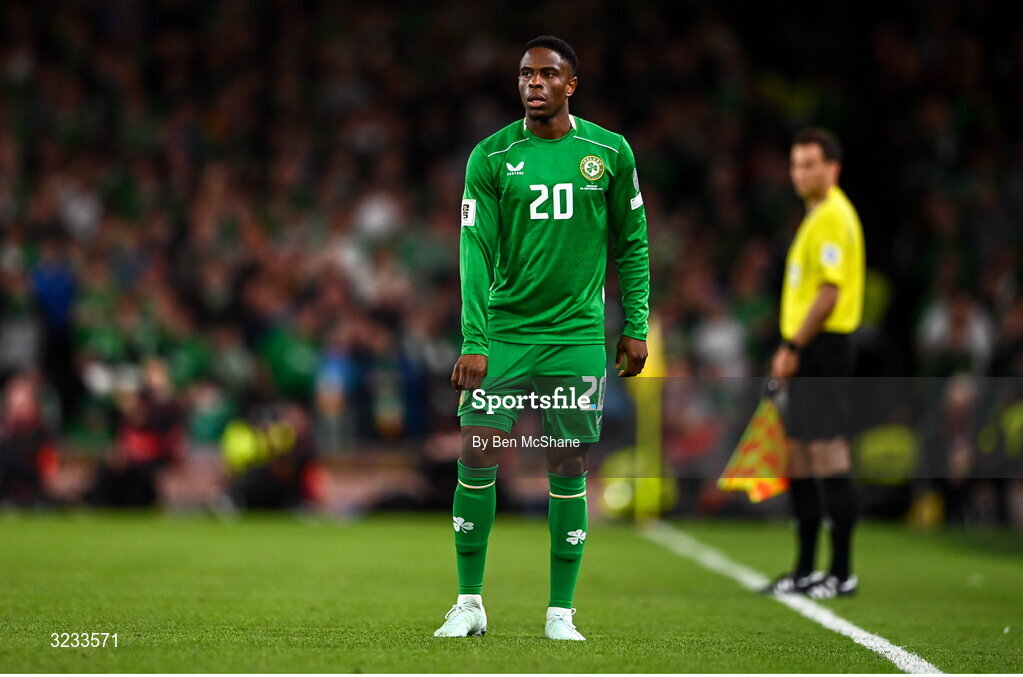 6 September 2025; Chiedozie Ogbene of Republic of Ireland during the FIFA World Cup 2026 Group F qualifying match between Republic of Ireland and Hungary at the Aviva Stadium in Dublin. Photo by Ben McShane/Sportsfile