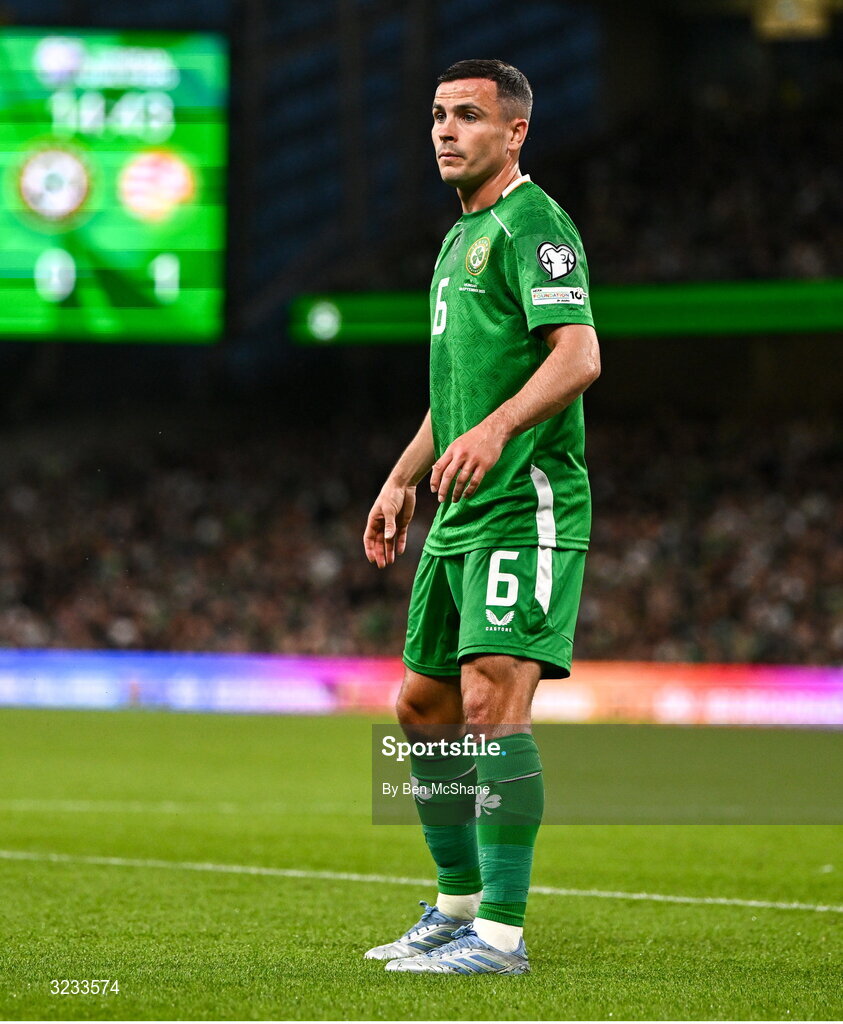 6 September 2025; Josh Cullen of Republic of Ireland during the FIFA World Cup 2026 Group F qualifying match between Republic of Ireland and Hungary at the Aviva Stadium in Dublin. Photo by Ben McShane/Sportsfile