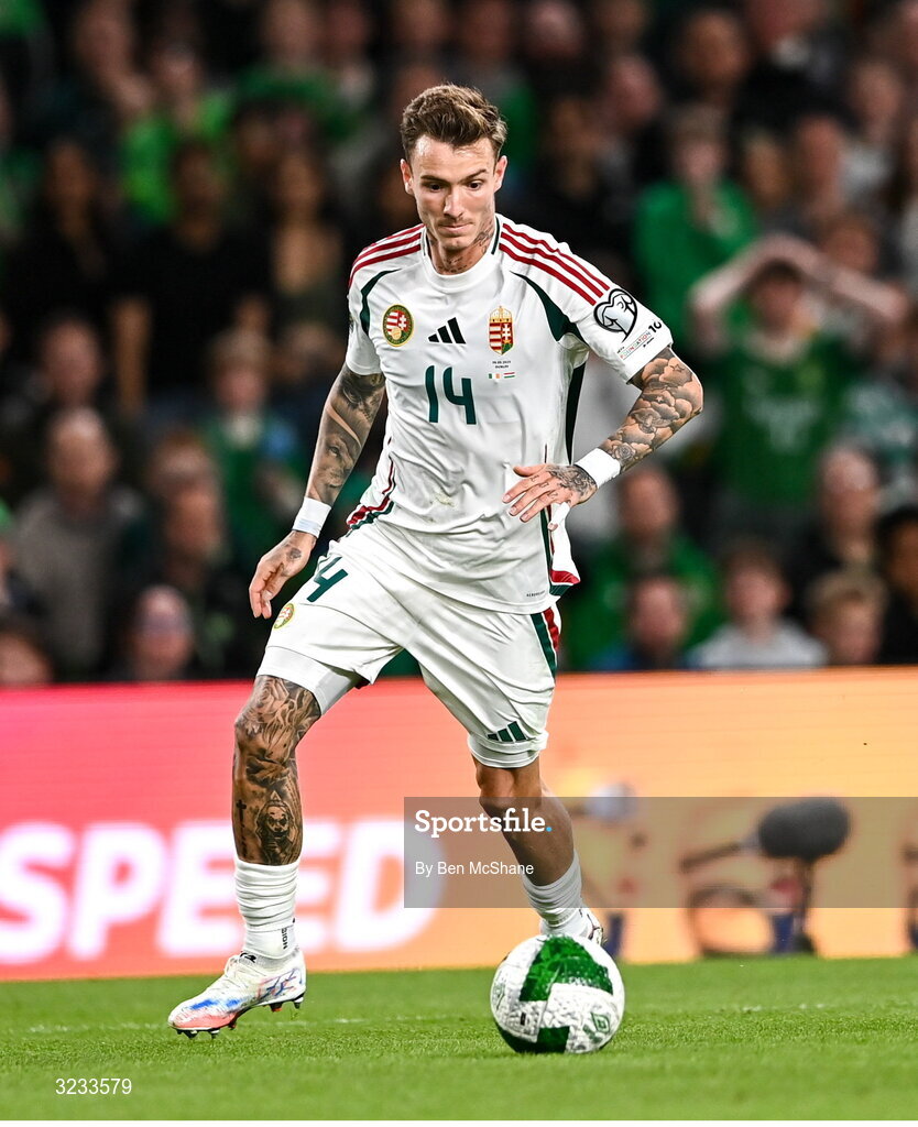 6 September 2025; Bendegúz Bolla of Hungary during the FIFA World Cup 2026 Group F qualifying match between Republic of Ireland and Hungary at the Aviva Stadium in Dublin. Photo by Ben McShane/Sportsfile