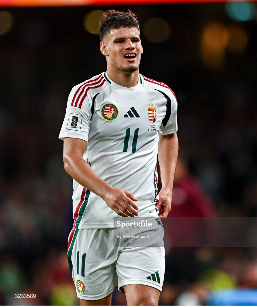 6 September 2025; Milos Kerkez of Hungary during the FIFA World Cup 2026 Group F qualifying match between Republic of Ireland and Hungary at the Aviva Stadium in Dublin. Photo by Ben McShane/Sportsfile