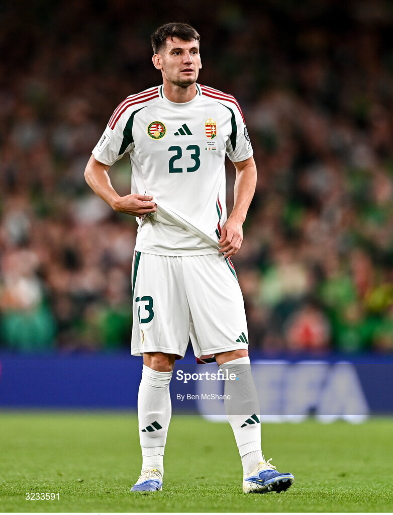 6 September 2025; Bence Ötvös of Hungary during the FIFA World Cup 2026 Group F qualifying match between Republic of Ireland and Hungary at the Aviva Stadium in Dublin. Photo by Ben McShane/Sportsfile