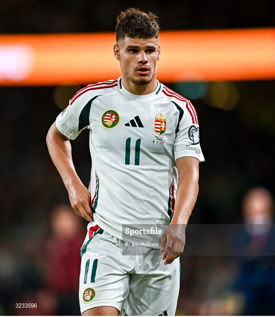 6 September 2025; Milos Kerkez of Hungary during the FIFA World Cup 2026 Group F qualifying match between Republic of Ireland and Hungary at the Aviva Stadium in Dublin. Photo by Ben McShane/Sportsfile