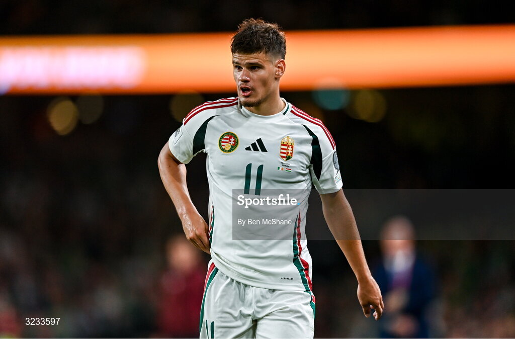 6 September 2025; Milos Kerkez of Hungary during the FIFA World Cup 2026 Group F qualifying match between Republic of Ireland and Hungary at the Aviva Stadium in Dublin. Photo by Ben McShane/Sportsfile