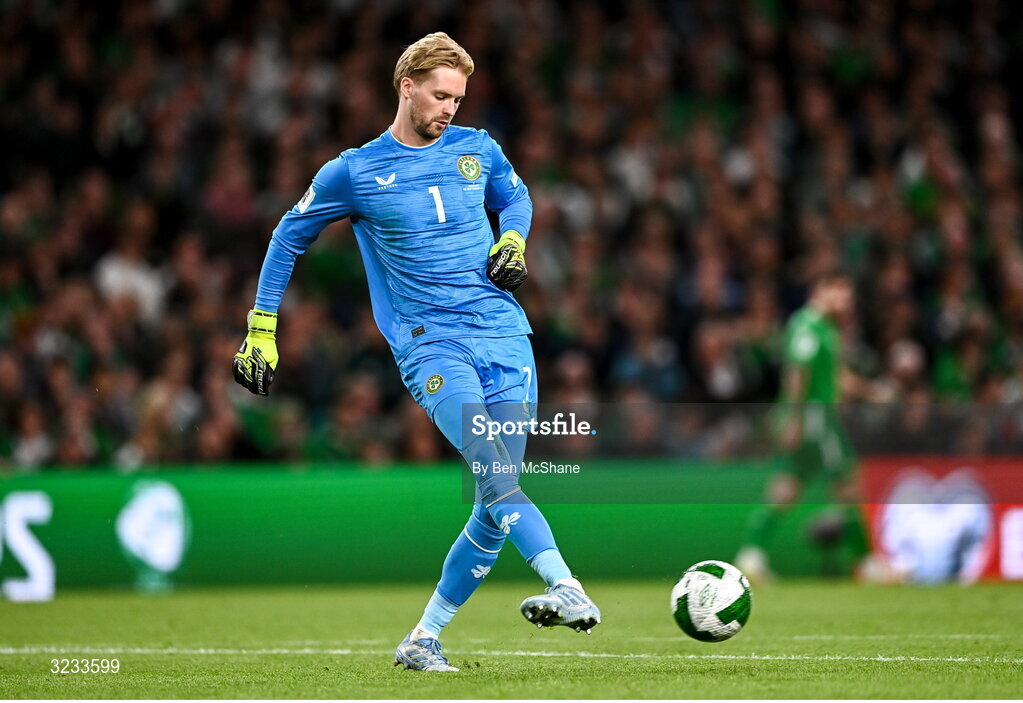 6 September 2025; Republic of Ireland goalkeeper Caoimhin Kelleher during the FIFA World Cup 2026 Group F qualifying match between Republic of Ireland and Hungary at the Aviva Stadium in Dublin. Photo by Ben McShane/Sportsfile