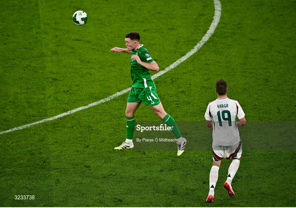 6 September 2025; Dara O'Shea of Republic of Ireland during the FIFA World Cup 2026 Group F qualifying match between Republic of Ireland and Hungary at the Aviva Stadium in Dublin. Photo by Piaras Ó Mídheach/Sportsfile