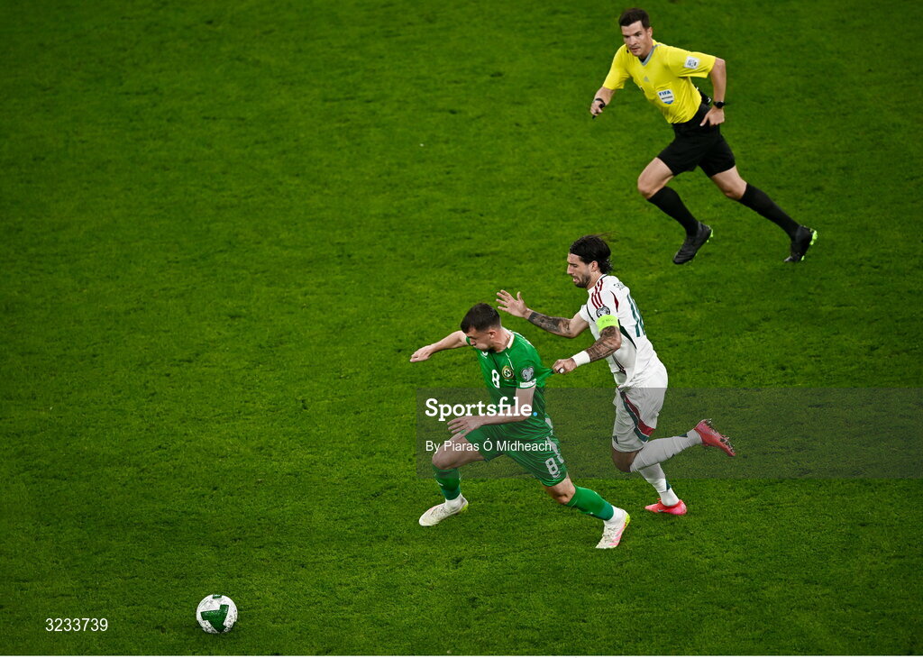 6 September 2025; Jason Knight of Republic of Ireland has his jersey pulled by Dominik Szoboszlai of Hungary during the FIFA World Cup 2026 Group F qualifying match between Republic of Ireland and Hungary at the Aviva Stadium in Dublin. Photo by Piaras Ó Mídheach/Sportsfile