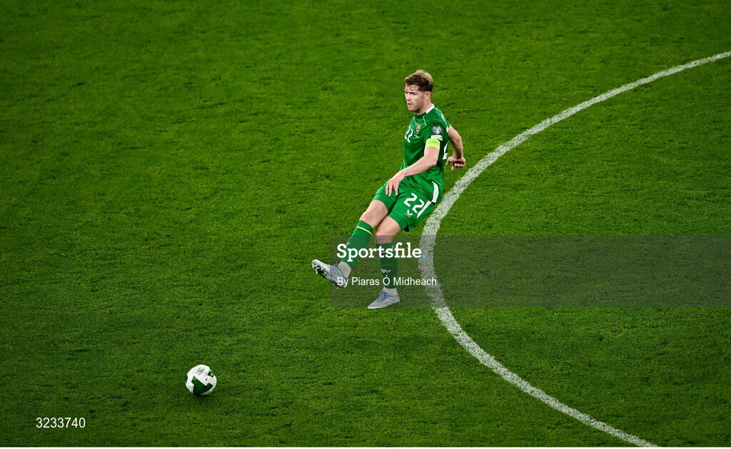 6 September 2025; Nathan Collins of Republic of Ireland during the FIFA World Cup 2026 Group F qualifying match between Republic of Ireland and Hungary at the Aviva Stadium in Dublin. Photo by Piaras Ó Mídheach/Sportsfile