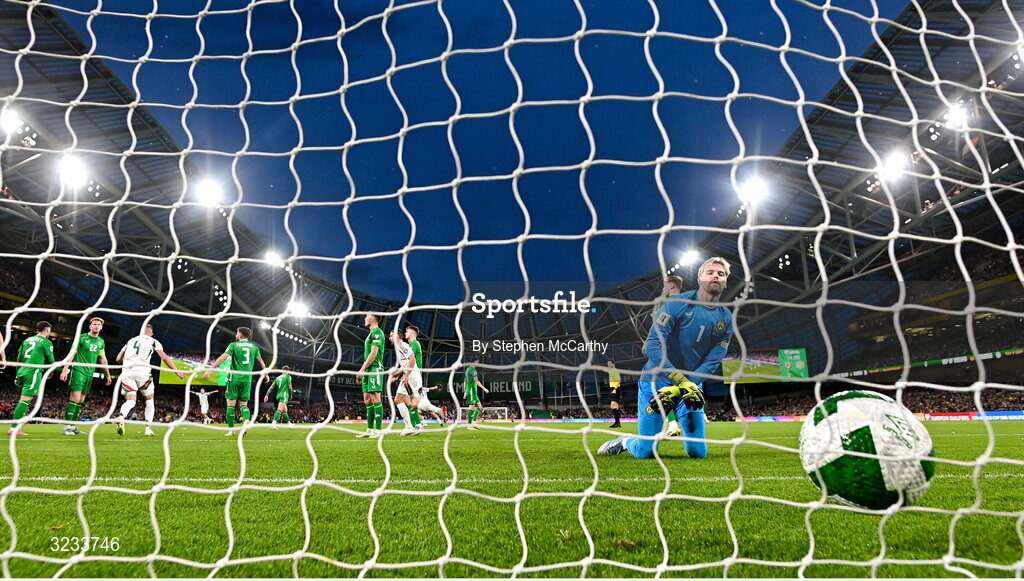 6 September 2025; Republic of Ireland goalkeeper Caoimhin Kelleher after Hungary scored their second goal during the FIFA World Cup 2026 Group F qualifying match between Republic of Ireland and Hungary at the Aviva Stadium in Dublin. Photo by Stephen McCarthy/Sportsfile