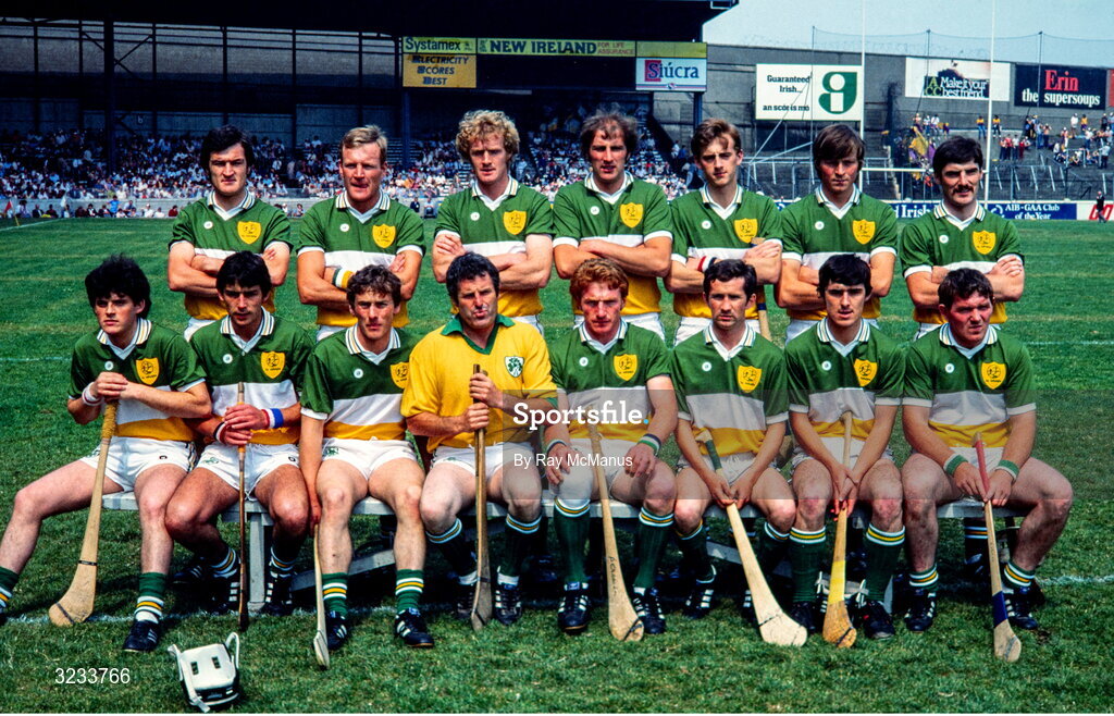 8 July 1984; The Offaly team, back, from left, Pat Fleury, Joachim Kelly, Pat Delaney, Eugene Coughlan, Joe Dooley, Liam Carroll and Aidan Fogarty, with, front, from left, Paddy Corrigan, Tom Conneely, Brendan Bermingham, Damien Martin, Pat Carroll, Ger Coughlan, Declan Fogarty and Padraig Horan before the Leinster Senior Hurling Championship Final between Offaly and Wexford at Croke Park in Dublin. Photo by Ray McManus/Sportsfile