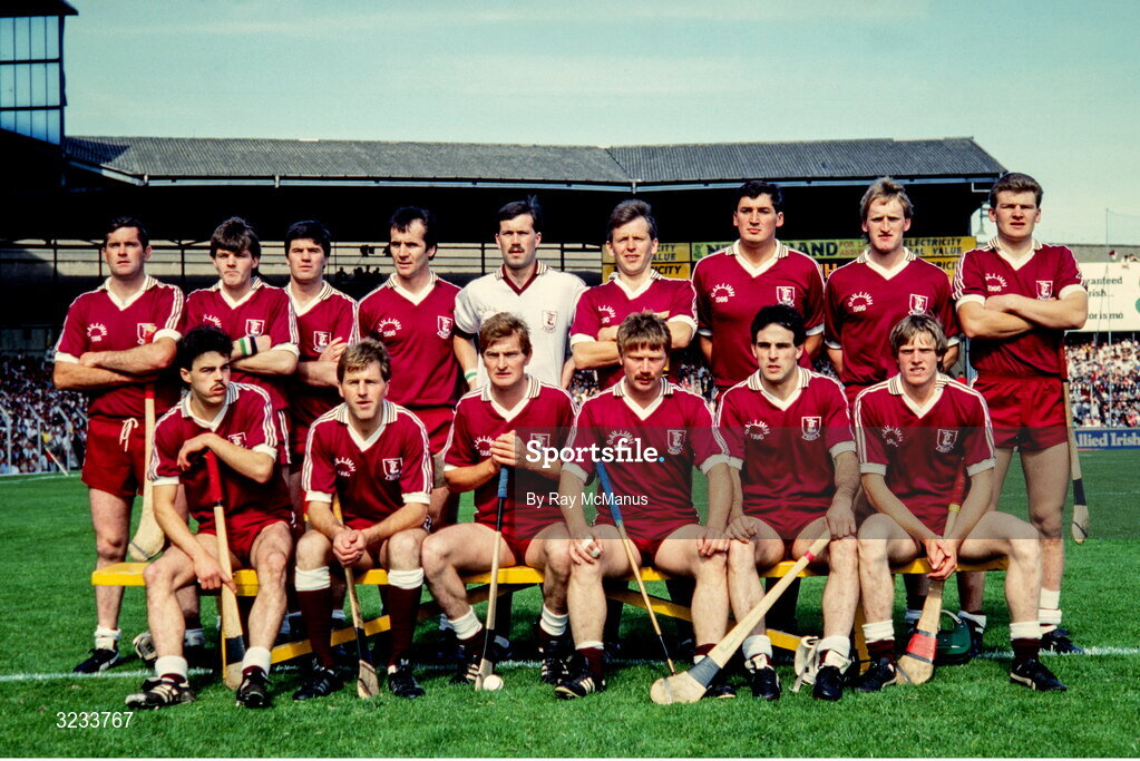 7 September 1986; Galway team, back, from left, Steve Mahon, Martin Maughton, Pierce Pigott, Brendan Lynskey, John Commins, Tony Kilkenny, Conor Hayes, Tony Keady and Pete Finnerty, with, front, from left, Ger McInerney, Ollie Kilkenny, Noel Lane, Sylvie Linnane, Anthony Cunningham and Joe Cooney before the All Ireland Senior Hurling Championship Final match between Cork and Galway at Croke Park, Dublin. Photo by Ray McManus/Sportsfile