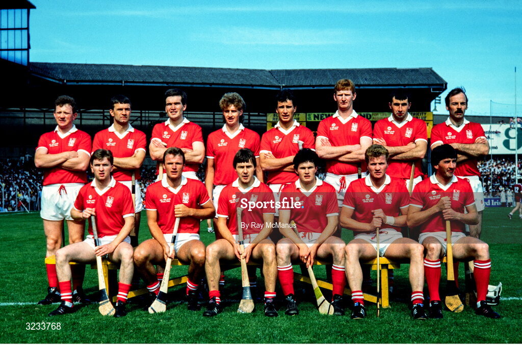 7 September 1986; Cork team, back, from left, Johnny Crowley, Jimmy Barry Murphy, Richard Brown, Jim Cashman, Tomas Mulcahy, Kevin Hennessy, Ger Fitzgerald and Denis Mulcahy, with, front, from left, Tony O'Sullivan, Teddy McCarthy, Tom Cashman, Denis Walsh, Pat Hartnett and John Fenton before the All Ireland Senior Hurling Championship Final match between Cork and Galway at Croke Park, Dublin. Photo by Ray McManus/Sportsfile