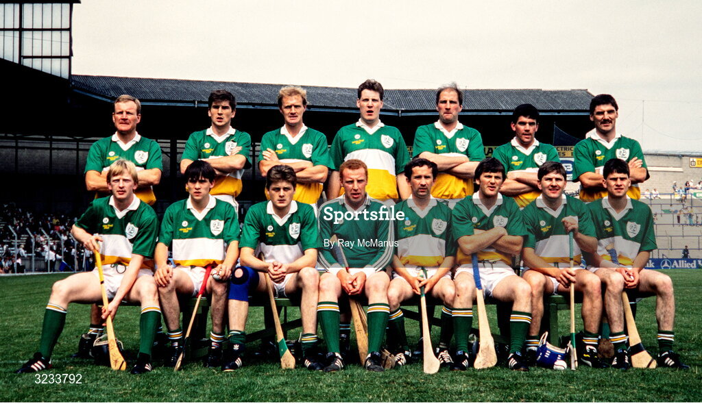 9 July 1989; The Offaly team, back, from left, Joachim Kelly, Michael Duignan, Pat Delaney, Daithi Regan, Eugene Coughlan, Vincent Teehan and Aidan Fogarty, with, front, from left, Danny Owens, Johnny Pilkington, Roy Mannion, Jim Troy, Ger Coughlan, Mark Corrigan, Martin Hanamy and Declan Pilkington before the Leinster Senior Hurling Championship Final match between Kilkenny and Offaly at Croke Park, Dublin. Photo by Ray McManus/Sportsfile