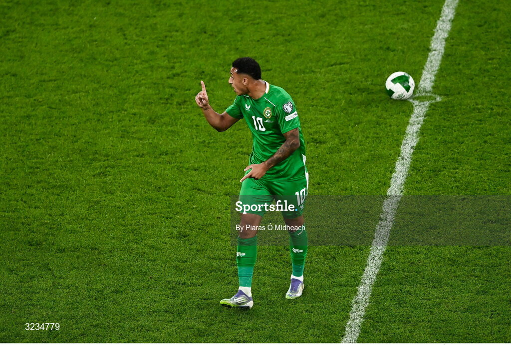 6 September 2025; Adam Idah of Republic of Ireland after scoring his side's second goal during the FIFA World Cup 2026 Group F qualifying match between Republic of Ireland and Hungary at the Aviva Stadium in Dublin. Photo by Piaras Ó Mídheach/Sportsfile