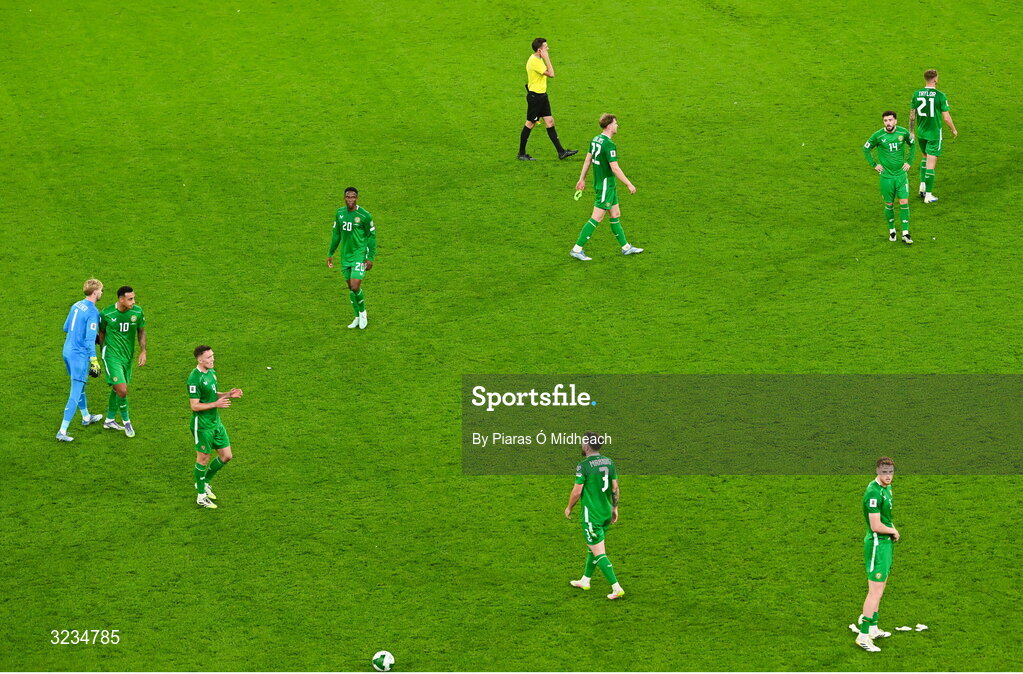 6 September 2025; Republic of Ireland players after the drawn FIFA World Cup 2026 Group F qualifying match between Republic of Ireland and Hungary at the Aviva Stadium in Dublin. Photo by Piaras Ó Mídheach/Sportsfile