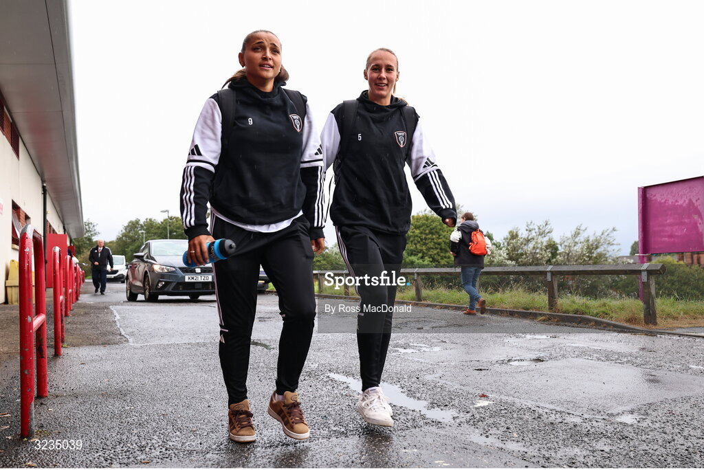 10 September 2025; Abi Harrison, left, and Lana Golob of Glasgow City before the UEFA Women's Europa Cup first qualifying round first leg match between Glasgow City and Athlone Town at Petershill Park in Glasgow, Scotland. Photo by Ross MacDonald/Sportsfile