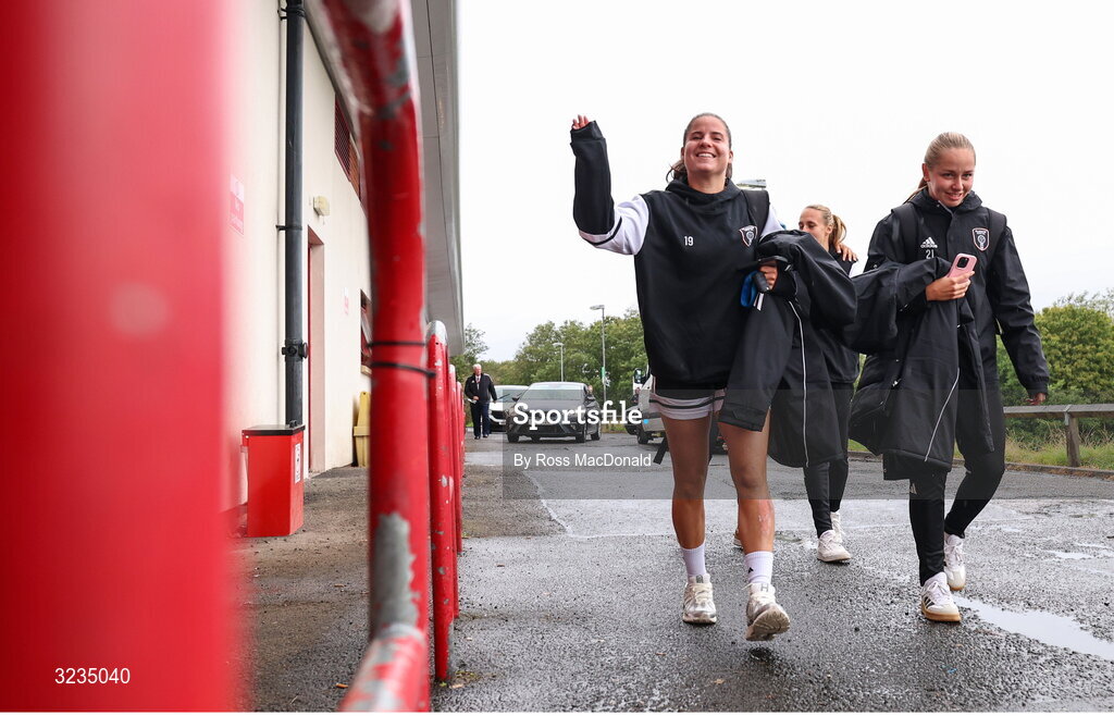 10 September 2025; Nicole Kozlova, left, and Sofia Maatta of Glasgow City before the UEFA Women's Europa Cup first qualifying round first leg match between Glasgow City and Athlone Town at Petershill Park in Glasgow, Scotland. Photo by Ross MacDonald/Sportsfile