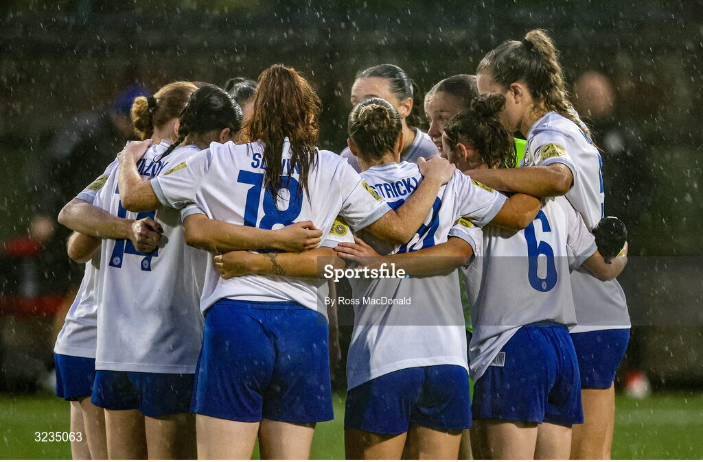 10 September 2025; The Athlone Town players in a huddle before the UEFA Women's Europa Cup first qualifying round first leg match between Glasgow City and Athlone Town at Petershill Park in Glasgow, Scotland. Photo by Ross MacDonald/Sportsfile