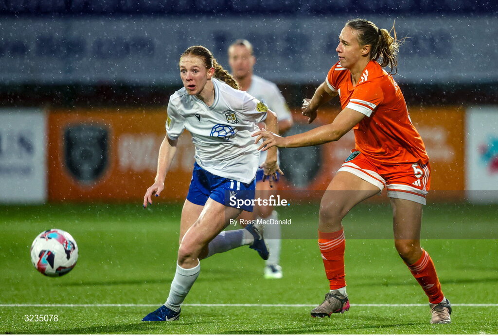 10 September 2025; Kelly Brady of Athlone Town in action against Lana Golob of Glasgow City during the UEFA Women's Europa Cup first qualifying round first leg match between Glasgow City and Athlone Town at Petershill Park in Glasgow, Scotland. Photo by Ross MacDonald/Sportsfile