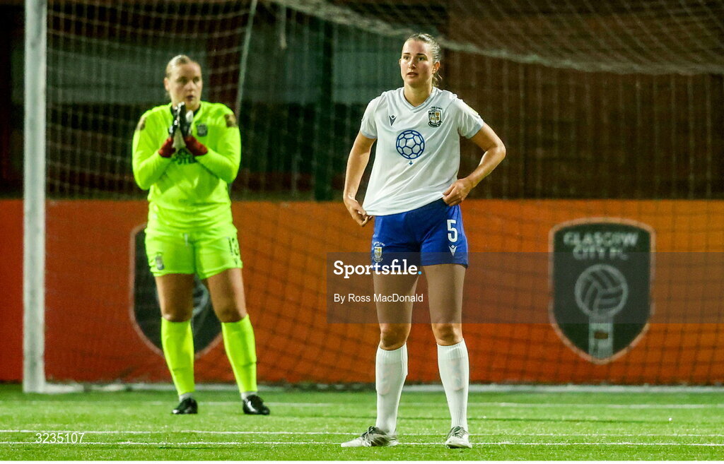 10 September 2025; Natalie McNally of Athlone Town reacts after her side conceded their first goal during the UEFA Women's Europa Cup first qualifying round first leg match between Glasgow City and Athlone Town at Petershill Park in Glasgow, Scotland. Photo by Ross MacDonald/Sportsfile