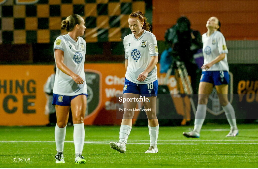 10 September 2025; Kate Slevin of Athlone Town reacts after her side conceded their first goal during the UEFA Women's Europa Cup first qualifying round first leg match between Glasgow City and Athlone Town at Petershill Park in Glasgow, Scotland. Photo by Ross MacDonald/Sportsfile
