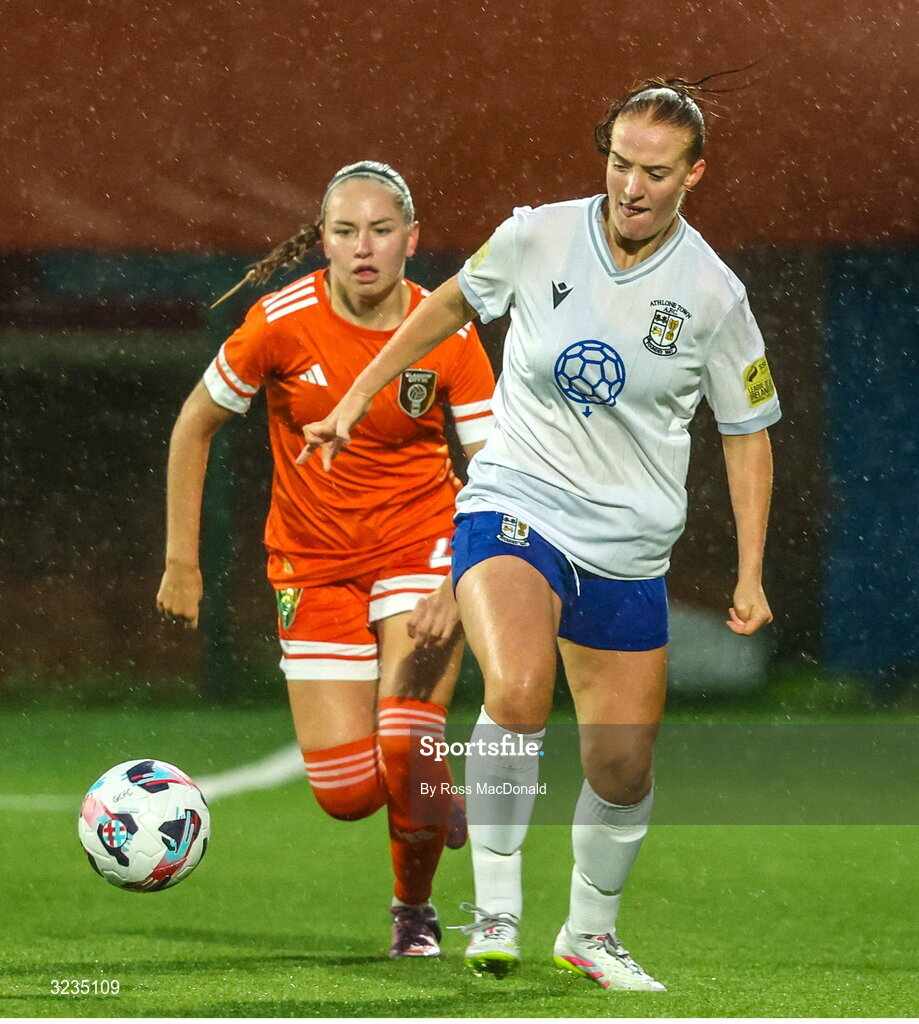 10 September 2025; Shauna Brennan of Athlone Town in action against Sofia Maatta of Glasgow City during the UEFA Women's Europa Cup first qualifying round first leg match between Glasgow City and Athlone Town at Petershill Park in Glasgow, Scotland. Photo by Ross MacDonald/Sportsfile