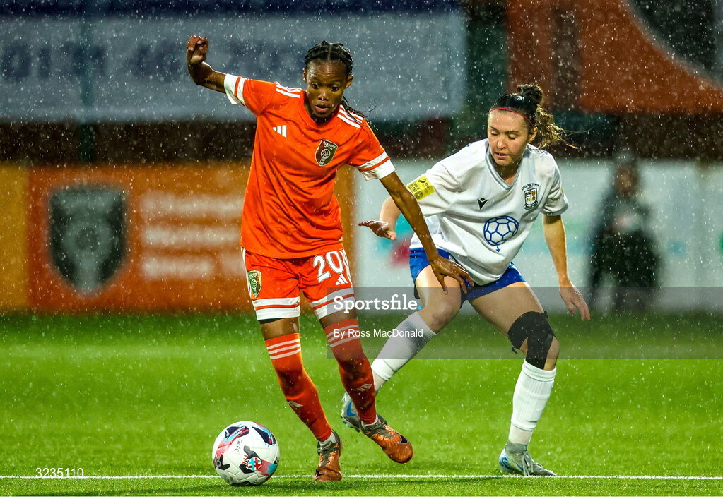 10 September 2025; Linda Motlhalo of Glasgow City in action against Hannah Waesch of Athlone Town during the UEFA Women's Europa Cup first qualifying round first leg match between Glasgow City and Athlone Town at Petershill Park in Glasgow, Scotland. Photo by Ross MacDonald/Sportsfile