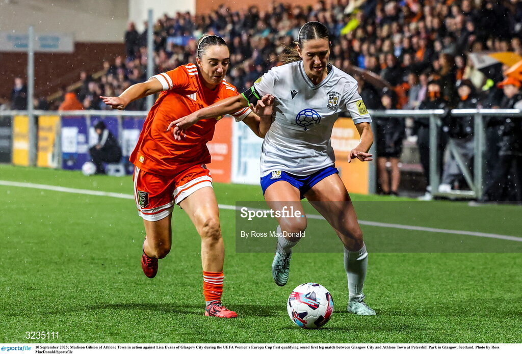 10 September 2025; Madison Gibson of Athlone Town in action against Lisa Evans of Glasgow City during the UEFA Women's Europa Cup first qualifying round first leg match between Glasgow City and Athlone Town at Petershill Park in Glasgow, Scotland. Photo by Ross MacDonald/Sportsfile