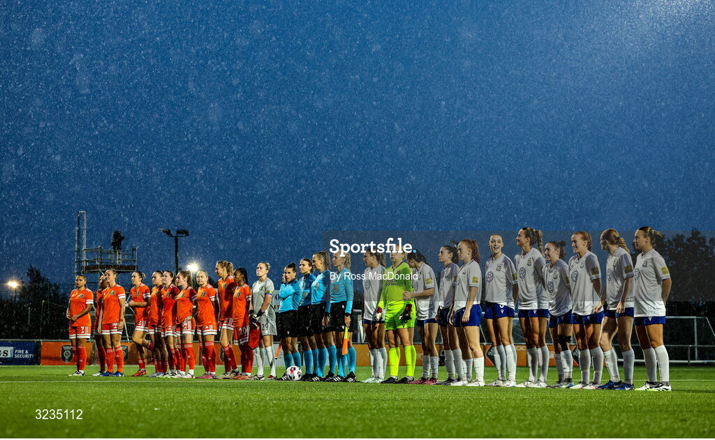 10 September 2025; The two teams before the UEFA Women's Europa Cup first qualifying round first leg match between Glasgow City and Athlone Town at Petershill Park in Glasgow, Scotland. Photo by Ross MacDonald/Sportsfile