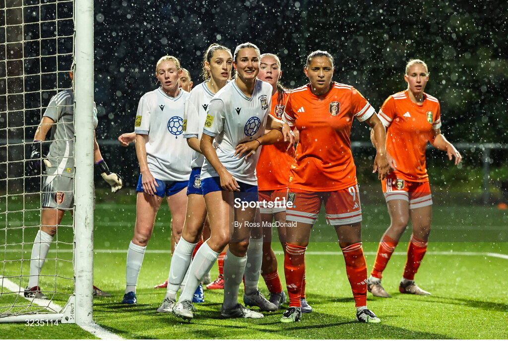 10 September 2025; Natalie McNally of Athlone Town and Abi Harrison of Glasgow prepare for a corner kick during the UEFA Women's Europa Cup first qualifying round first leg match between Glasgow City and Athlone Town at Petershill Park in Glasgow, Scotland. Photo by Ross MacDonald/Sportsfile