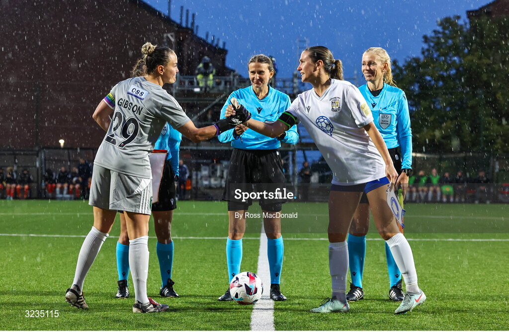 10 September 2025; Glasgow City captain Lee Gibson, left, and Athlone Town captain Madison Gibson shake hands before the UEFA Women's Europa Cup first qualifying round first leg match between Glasgow City and Athlone Town at Petershill Park in Glasgow, Scotland. Photo by Ross MacDonald/Sportsfile