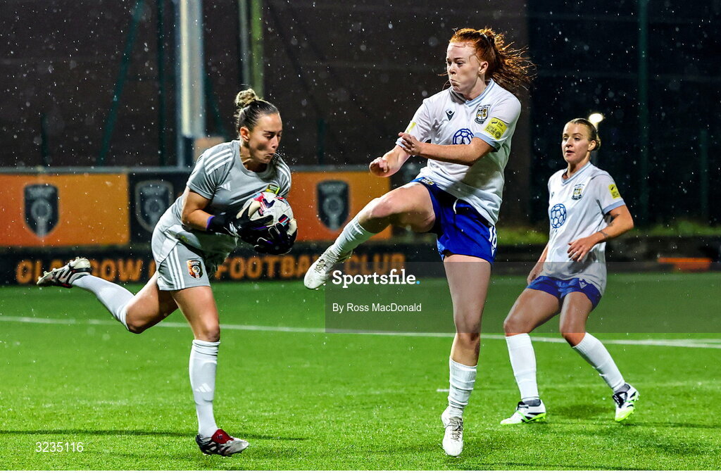 10 September 2025; Lee Gibson of Glasgow City in action against Kate Slevin of Athlone Town during the UEFA Women's Europa Cup first qualifying round first leg match between Glasgow City and Athlone Town at Petershill Park in Glasgow, Scotland. Photo by Ross MacDonald/Sportsfile