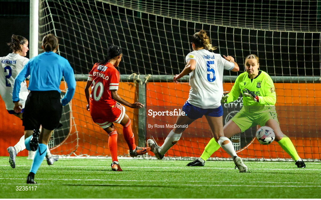 10 September 2025; Linda Motlhalo of Glasgow City shoots to score her side's second goal during the UEFA Women's Europa Cup first qualifying round first leg match between Glasgow City and Athlone Town at Petershill Park in Glasgow, Scotland. Photo by Ross MacDonald/Sportsfile