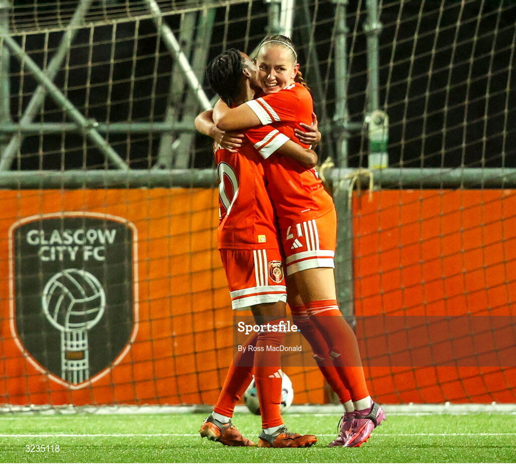 10 September 2025; Linda Motlhalo of Glasgow City, left, celebrates with teammate Sofia Maatta after scoring her side's second goal during the UEFA Women's Europa Cup first qualifying round first leg match between Glasgow City and Athlone Town at Petershill Park in Glasgow, Scotland. Photo by Ross MacDonald/Sportsfile